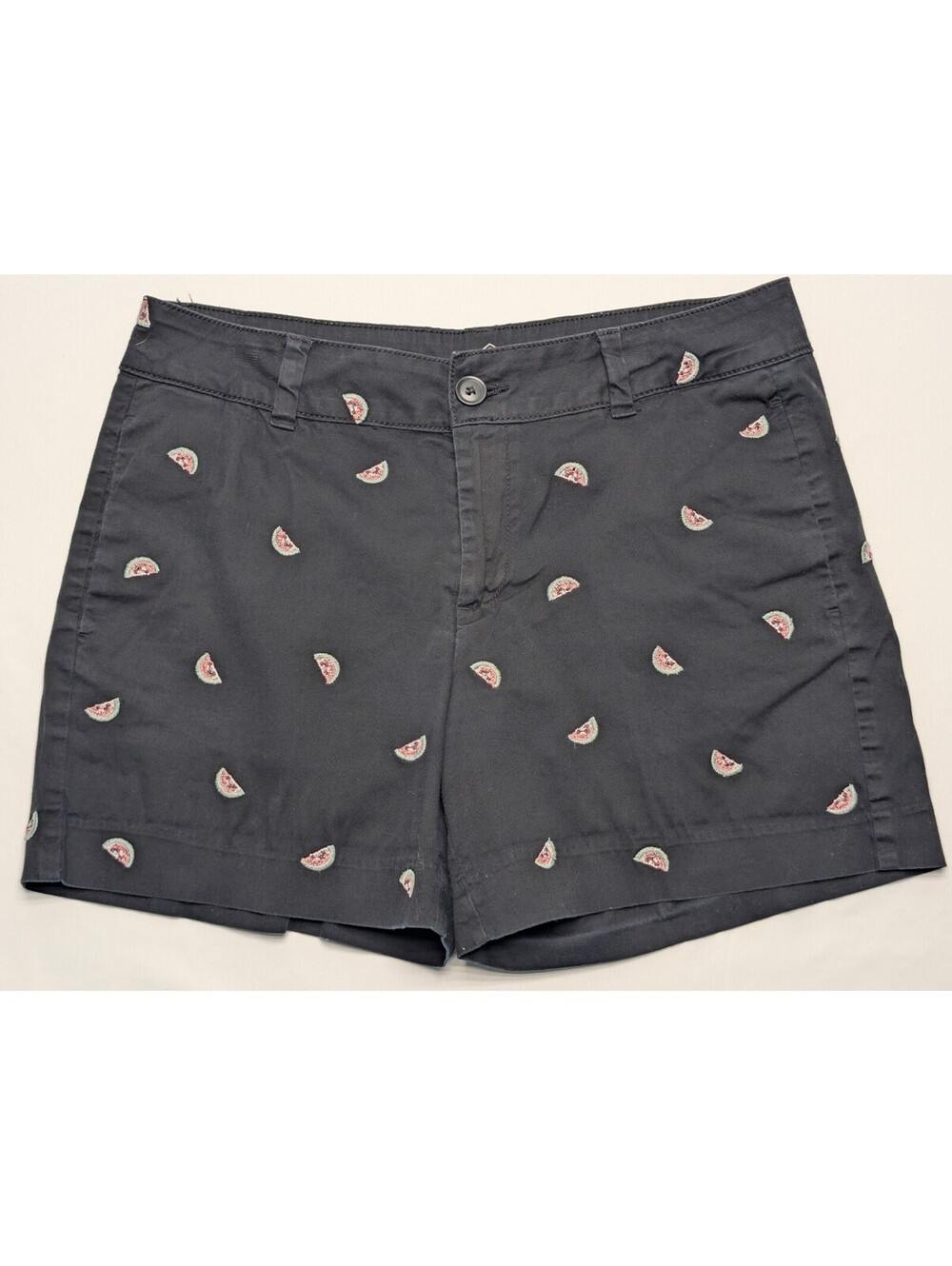 St. Johns Bay Mid Rise Black Shorts Watermelon Embroidered Stretch Pockets Sz 8